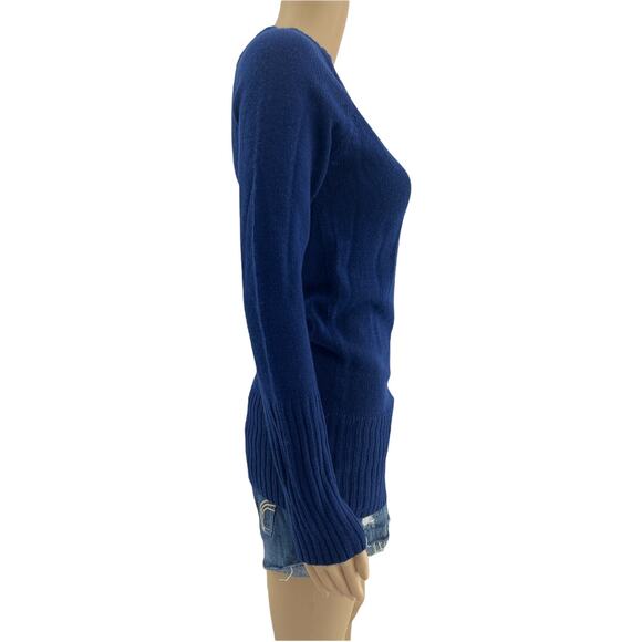Ambiance SMALL Y2K Navy Blue Tunic Knit Long Sleeve V-Neck Sweater - Picture 3 of 5
